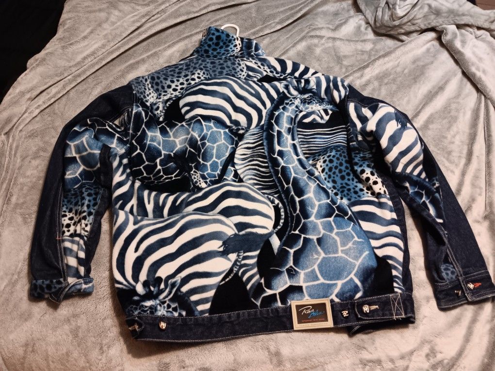 Raw Blue Rugged Denim Zebra Giraffe Print Heavy Mens Large Jean Jacket