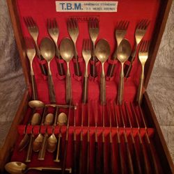 Vintage Siam Bronze & Teak Wood Flatware Set