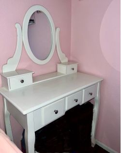 White Vanity W/ Mirror Makeup Dresser Desk Girls Bedroom Furniture