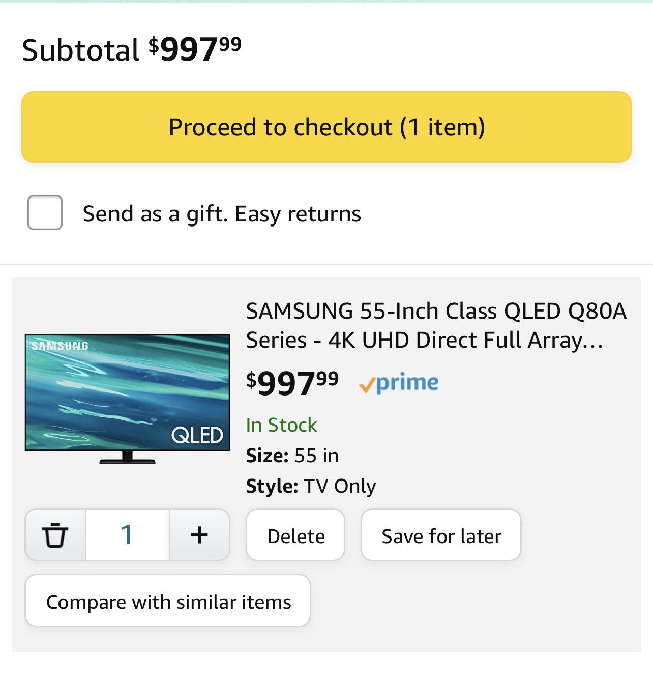 SAMSUNG 55-Inch Class QLED Q80A Series - 4K UHD Direct Full Array Quantum HDR 12x Smart TV with Alexa Built-in and 6 Speaker Object Tracking Sound
