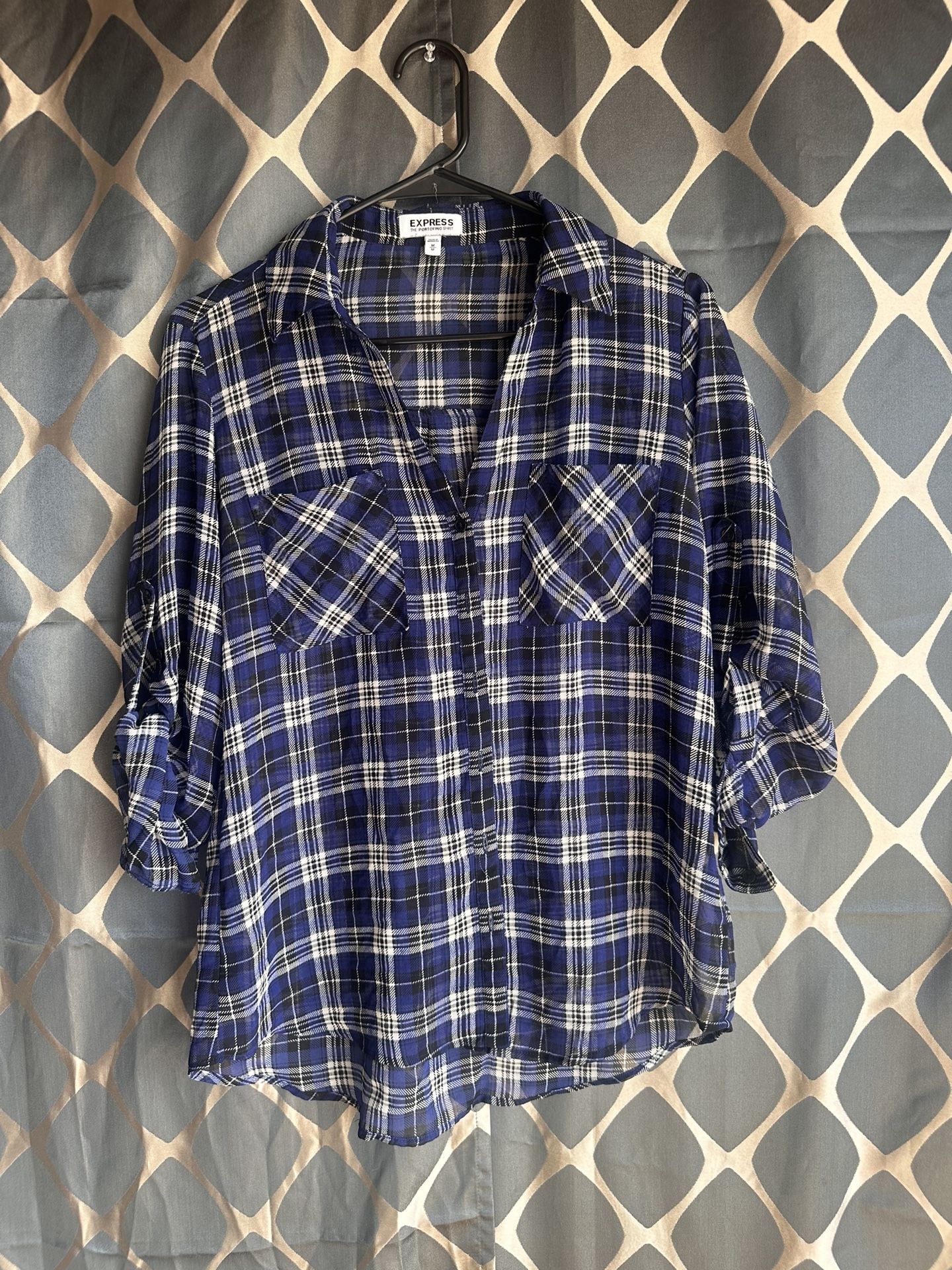 Express women medium blue plaid see-through long sleeves or 3/4 button up