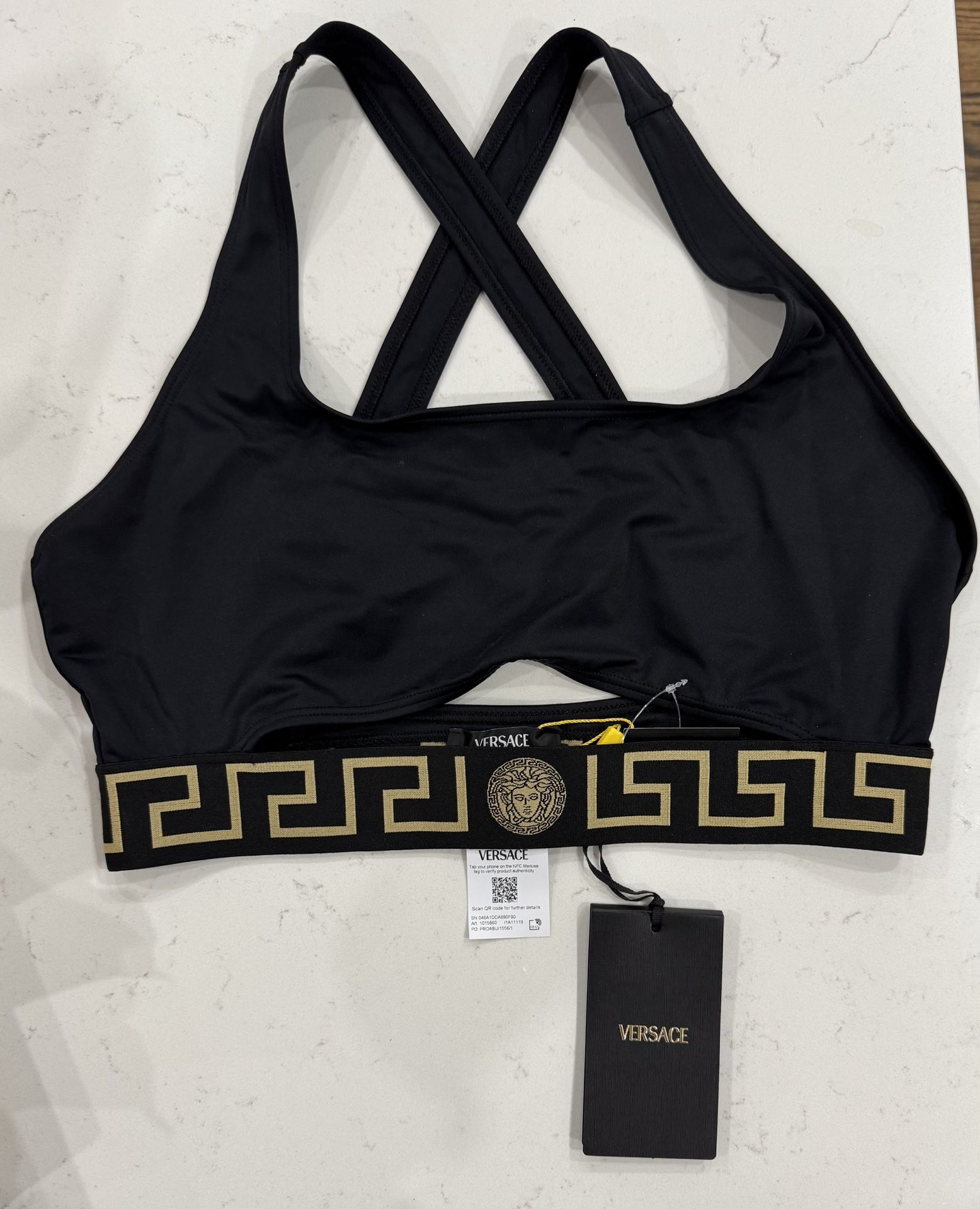 NEW - Black Versace Bikini Lycra Vita Recycled New Logo Top - Size 4