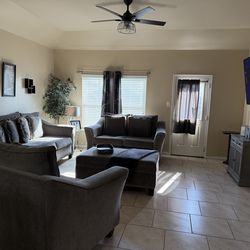 Modern Gray Living Room Set – Sofa, Loveseat, Chair, Ottoman + Tables, Lamps & TV Console – Excellent Condition