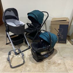 2022 Nuna Mixx Next Stroller With Car Seat RX With Green Canopy And Bassinet With Stand