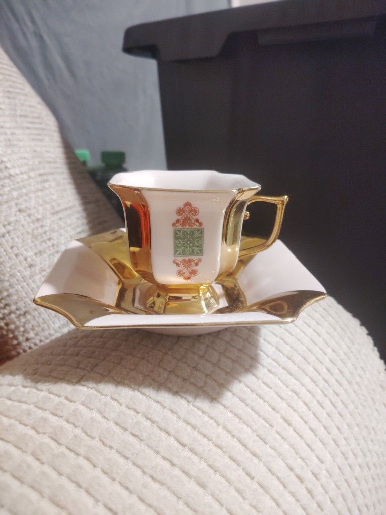 No 4.. Pink Ceramic And Gold Cup And Plate