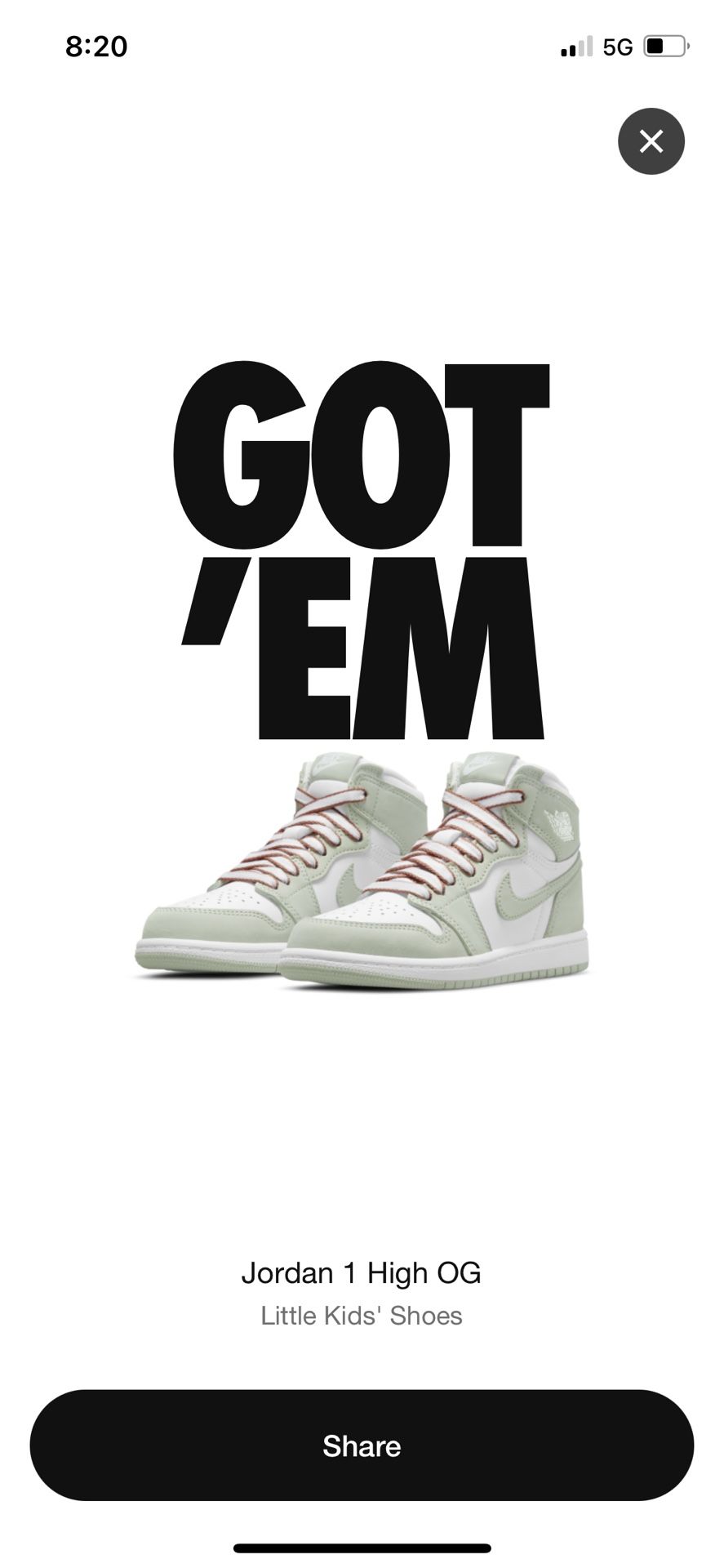 Air Jordan 1 Seafoam - Size 3Y