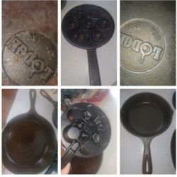 🎆 3 CAST IRON SKILLETS.  2 REGULAR ONES ARE LODGE, SMALLER COMMERCIAL CHEF CAST IRON DANISH AEBLESKIVER PAN