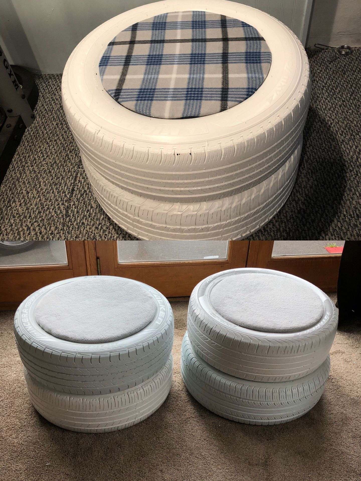 3 Storage seats/ottomans made out of recycled materials. $40 each or 3 for $110!!! Their great for basements, outdoor furniture, etc. Thanks!