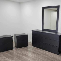 BLACK DRESSER WHIT MIRROR AND 2 NIGHTSTANDS  _ CÓMODA CON ESPEJO Y 2 MESITAS DE NOCHE  COLOR NEGRO 