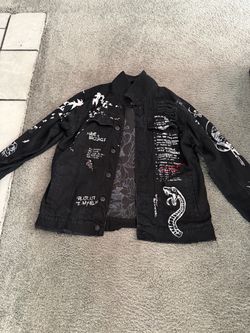 Black Graphic Denim Jacket with Art Prints