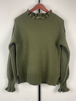 Madewell Ruffle Neck Pullover Sweater Olive Green Cotton Merino Wool Small