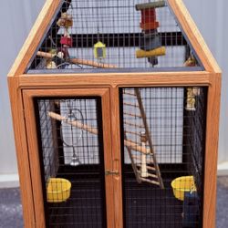 Vintage Designer Oak Bird Cage with Toys & Perches – Elegant Handcrafted Aviary