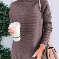 Brandnew Womens Turtleneck Oversized Tunic Fall Sweaters Long Batwing Sleeve SpiltHem Pullover-Small