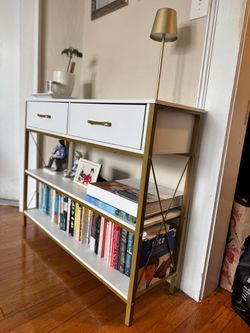 White & Gold Console Table with Drawers & Shelves
