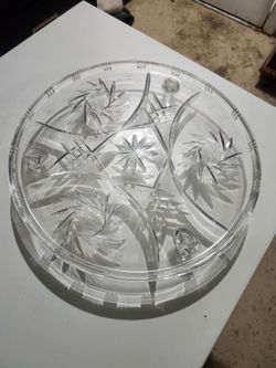 Vintage Cut Glass Footed Serving Platter 12” Round Pineapple Star Pattern