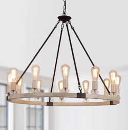 Farmhouse Wagon Wheel Chandelier Light Fixtures,Oak White and Black,12-Lights Metal Large Luxury High Ceiling Chandeliers for Dining Room Kitchen Isla