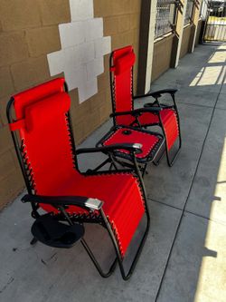 Patio Lounge Recliners with Side Table & Cup Holder Tray, Red