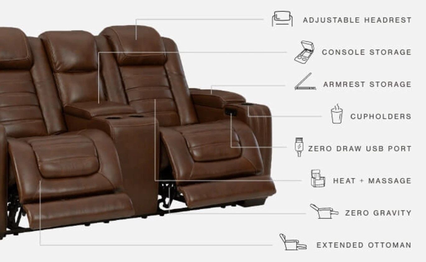Brown Leather Power Reclining Sofa, Loveseat, Wedge 💛No Needed Credit Check 💛 $39 Down Payment with Financing