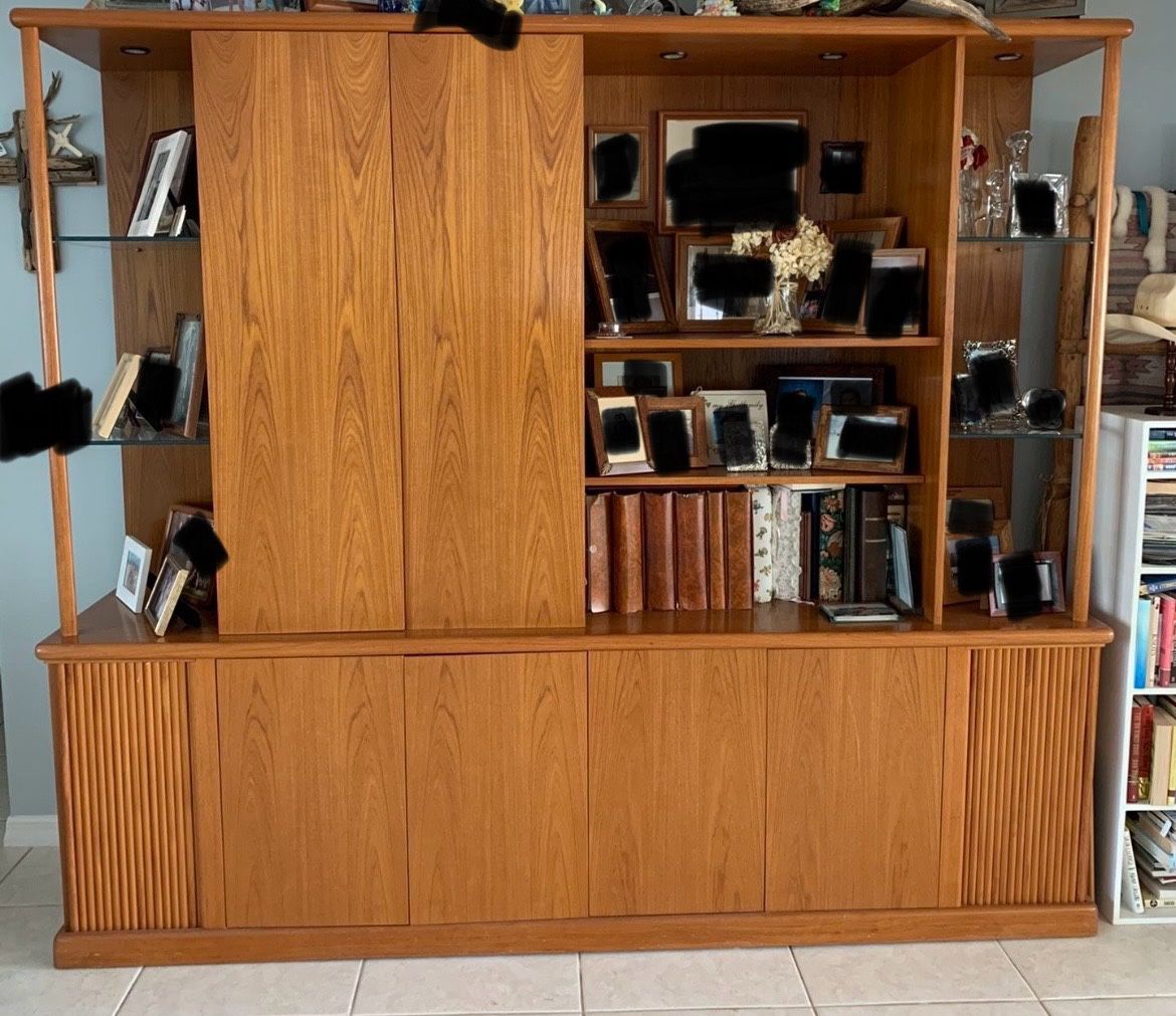 Solid Teak Custom Wall Unit With Built In Stereo System And Shelves