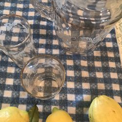 Get Ready For Spring And Summer Parties. Vintage Glass Pitcher Plus 2 Drinking Glasses Gold Leaf and Grapes