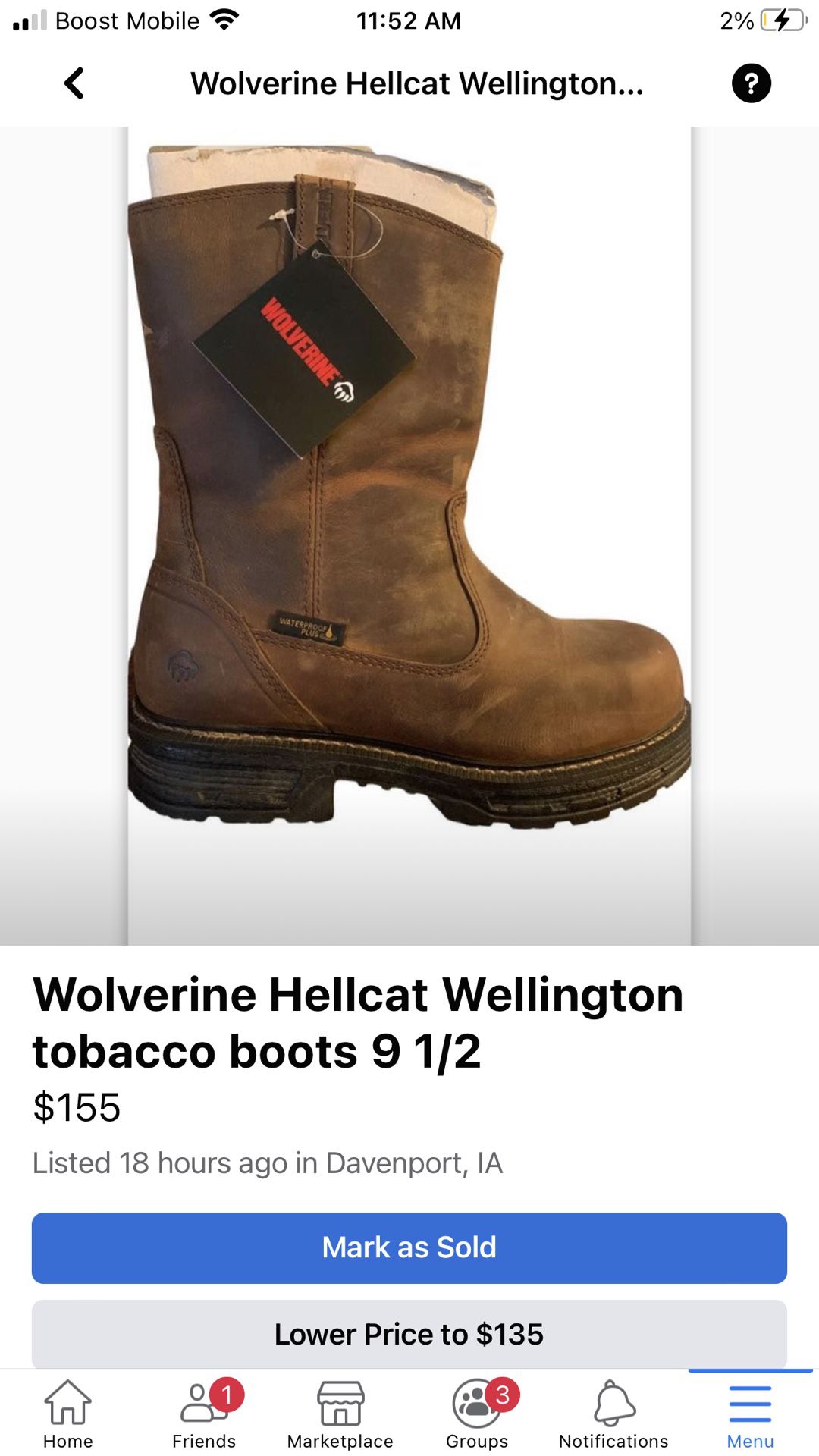 Wolverine Hellcat Wellington Tobacco Boots 9 1/2