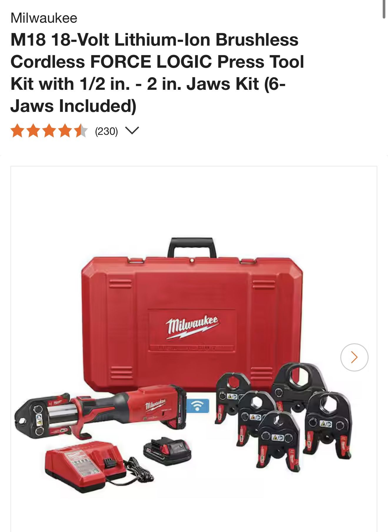 Top Rated Milwaukee M18 FORCE LOGIC Press Tool with ONE-KEY with 1/2inch-2inch CTS Jaws brand new sealed retail $3830 Package Contents (1) M18 FORCE