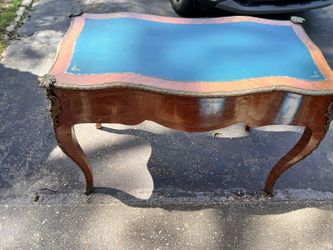 Antique French Louis XV ornate desk, With black leather top
