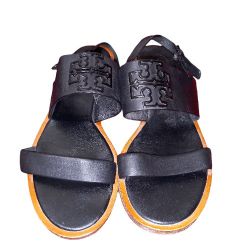 Tory Burch Melinda Sandal Black Powder Coat Nappa Leather Ankle Strap Flat Sz US 7
