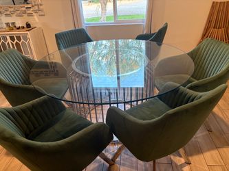 7-Piece Round Glass Top Dining Table Set w/ 6 Green Velvet Chairs, Metal