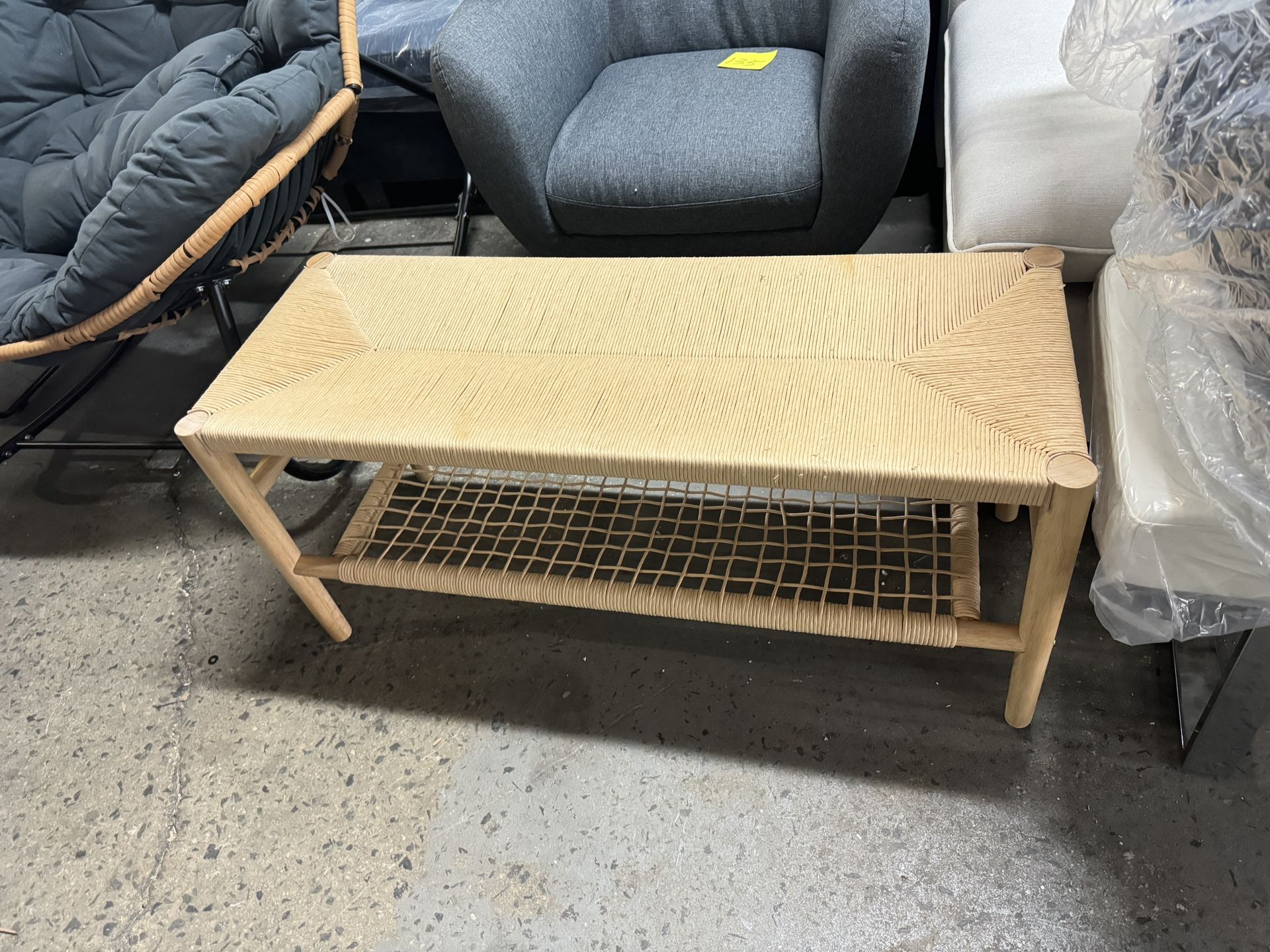 Indoor Entryway Bench with Paper Cord Ottoman & Grid Storage Rack, Mid-Century Long Bench with Rubber Wood Legs, French Vanity End Bed Bench for Bedro