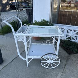 Antique vintage rolling wicker tea cart as found did have a repair on the removable tray