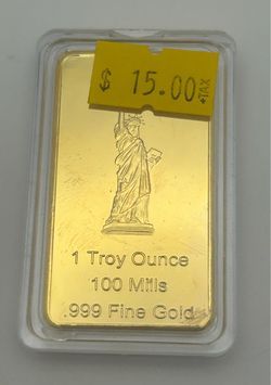 1 Troy Ounce 100 Mills .999 Fine Gold CLAD PLATED Bar Statue Liberty Eagle.