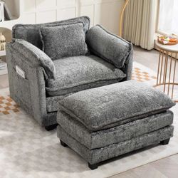 Cozy Boucle Oversized Sofa with Ottoman – Extra-Wide Seat & Plush Cushioning