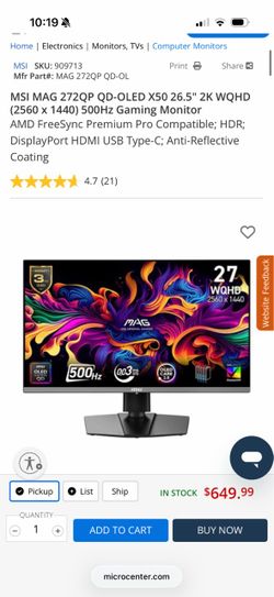 MSI 27” 1440p QD-OLED 500Hz Gaming Monitor – MAG 272QP X50