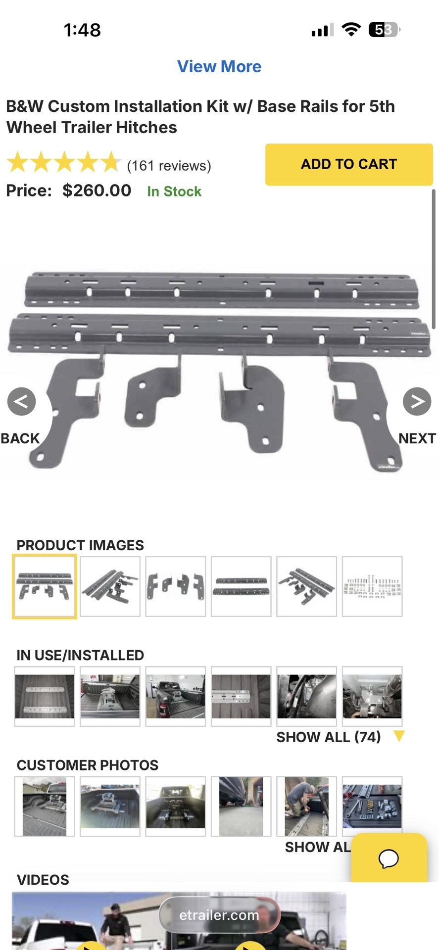 B&W Custom Installation Kit w/ Base Rails for 5th Wheel Trailer Hitches