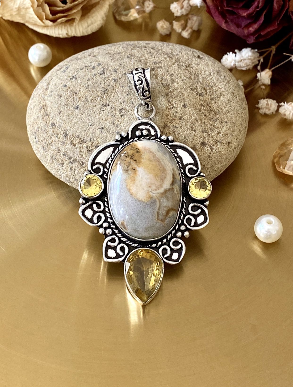 Jasper And Citrine 925 Sterling Silver Overlay Handcrafted Pendant