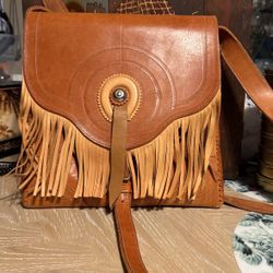 Vintage Looking Fringed Leather Satchel/bag/ Purse Horseshoe Design