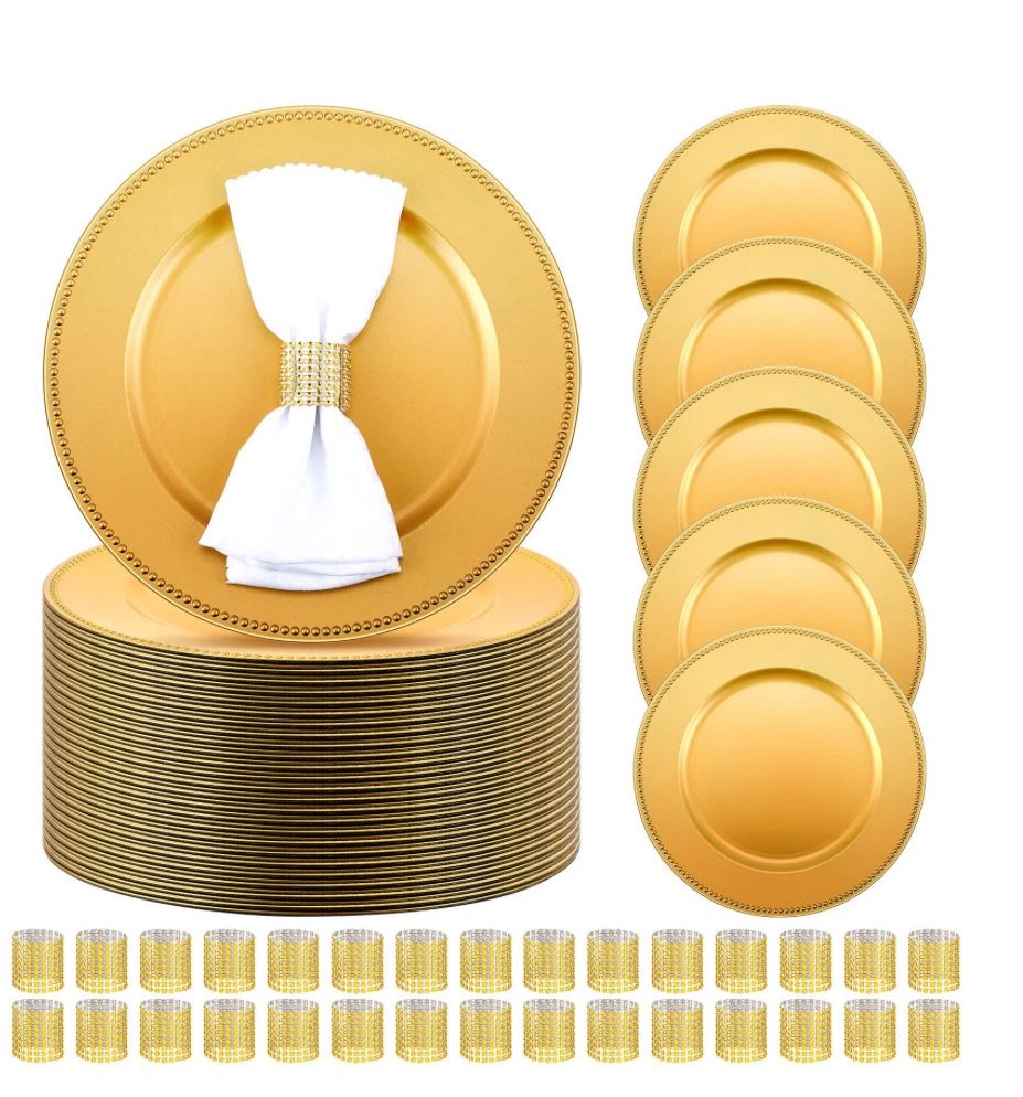 Tanlade 100 Pcs Charger Plates &Napkin Rings Set Include 50 Plastic Beaded Plate Chargers 50 Napkin Rings 13'' Round Dinner Plate Chargers S