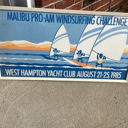 Vtg. 1985 West Hampton Yacht Club Windsurfing Poster Wood Framed 35.5” X 18.5” Malibu Pro-Am Challenge