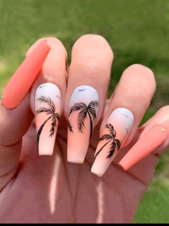 B2G1F 24-pcs. Extra-Long Coffin Palm Tree Design Press On Nails