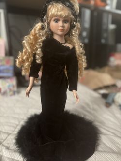  Elegant Porcelain Doll in Black Velvet Gown – Collectible