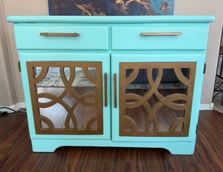 Aqua Blue Gold Mirrored Accent Cabinet Credenza Console Buffet Sideboard Table