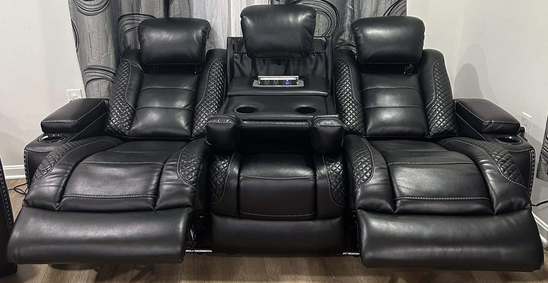 Used- Like New Black Leather Couch With Lighting And Charger Built In