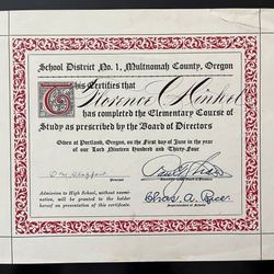 Vintage 1934 Multnomah Co School District 8th Grade Diploma