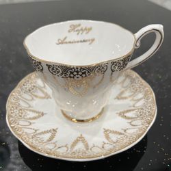 Royal Grafton Tea Cup & Saucer Bone China England. Happy Anniversary. Gold White