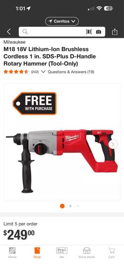 Milwaukee M18 18V Lithium-Ion Brushless Cordless 1 in. SDS-Plus D-Handle Rotary Hammer (Tool-Only)