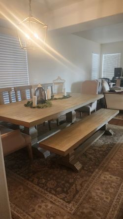 Large Farmhouse Dining Set – Table, Bench & 5 Chairs – Seats 8