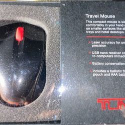 TUMI Travel Mini Wireless Laser Mouse USB Nano Receiver with Pouch & Battery
