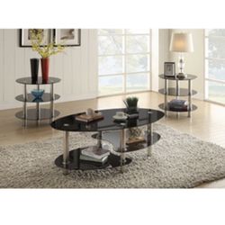 Modern Three Piece Glass Top Black Coffee Tables