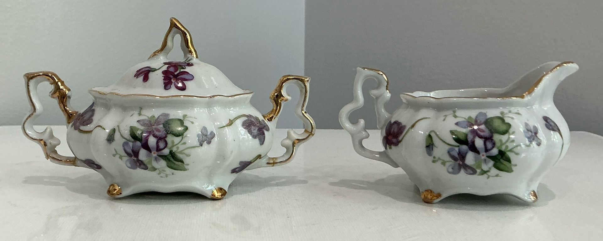 Vintage White with Violets Gold Edge Porcelain Cream & Sugar Bowl Set Made in Japan